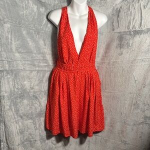 Red Polka Dot Halter Dress size large elastic waist in back‎ and a tie